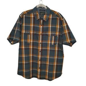 Woolrich Mens Large Button Down Shirt Cotton Plaid Blue Yellow Short Sleeve